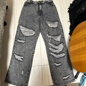 데미지 가공 그레이 와이드 레그 데님 M