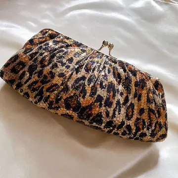 미사용 레오파드 무늬 스팽글 원단 가마구치 파티 백 수입