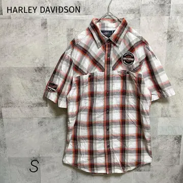 할리데이비슨 [ S ] 버튼셔츠 반팔 체크 와펜 로고 면 100%