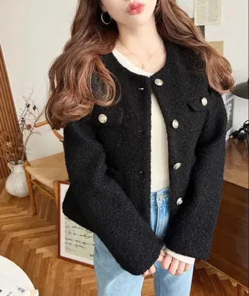 moment+ 페이크 반지 울 골드 버튼 노카라 자켓