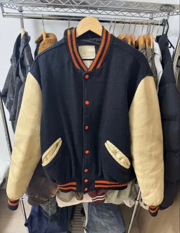 DeLONG/80's/USA제/오렌지/블랙/바시티 자켓/M