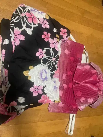 유카타 오비 세트 블랙 베이스 꽃무늬 핑크