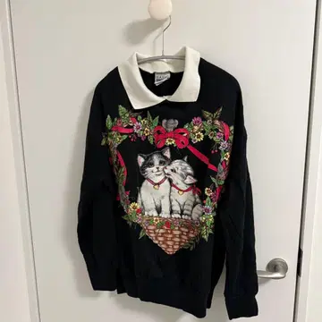 고양이 맨투맨 used 구제 의류 카라 부착 블랙