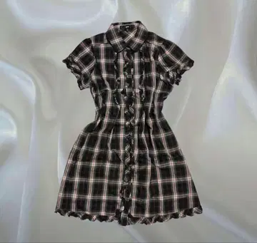 체크 무늬 프릴 반팔 미니 원피스 구제 의류 페어리 그런지