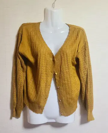 머스타드 컬러 레이스 짜임 가디건