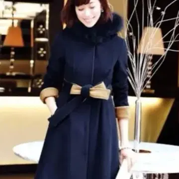 네이비 퍼 롱 코트