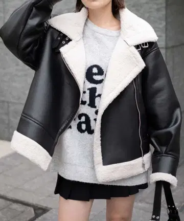 Wego 블랙 가죽 자켓 쉘파 카라 부착