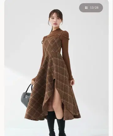 레이어드 체크 언밸런스 미디 원피스