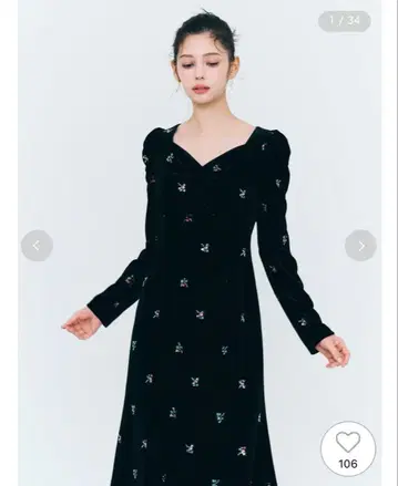 완판 CELFORD 꽃무늬 자수 블랙 벨벳 원피스