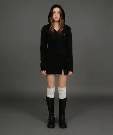 ACLENT 후디드 립 미니 드레스 블랙