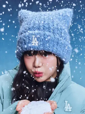 한국 한정판 MLB 비니 고양이 블랙 니트 모자 카리나 스카이블루