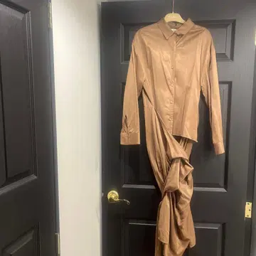 WhimGazette 브라운 긴팔 셔츠 원피스 허리 리본 포함