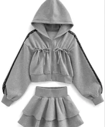리본 후드티 x 미니 스커트 맨투맨 셋업 그레이