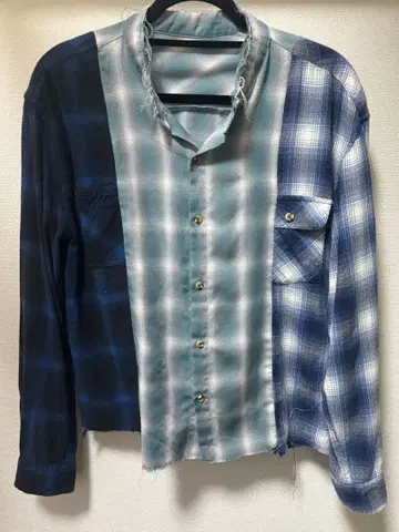블루 계열 체크 무늬 패치워크 긴팔 셔츠