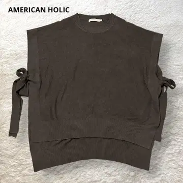 아메리칸 홀릭 케이블 니트 베스트 롱 기장 브라운 M 사이드 리본