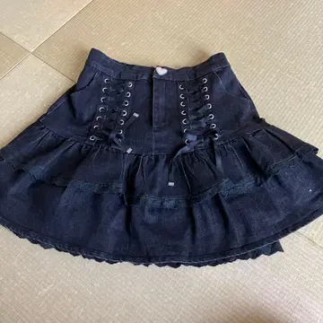 pium 다크 데님 플레어 스커트 레이스업