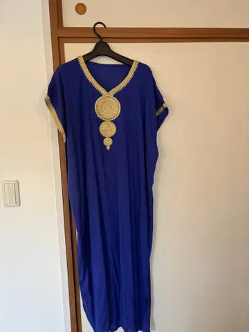 모로코 민족 의상 파란색 자수 롱 원피스