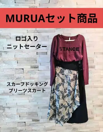 MURUA 세트 상품 로고 니트 스웨터 스카프 도킹 플리츠 스커트