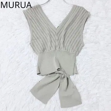무루아 뷔스티에 리브 니트 시스루 슬리브리스 V넥 리본 카키