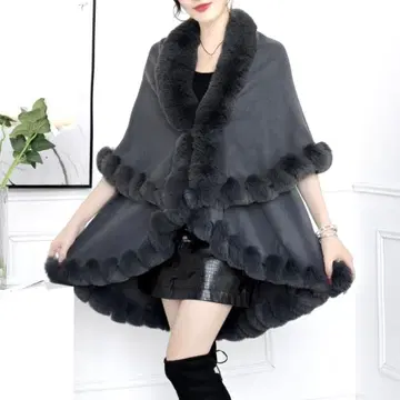 인조 모피 복슬복슬 판초 코트 그레이 케이프 망토 숄