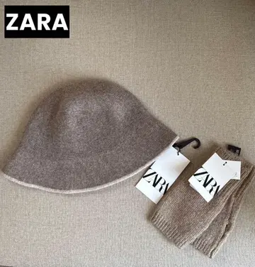 [ ZARA ] 울 블렌드 버킷 햇 모자 + 숏 니트 미튼 장갑 2세트
