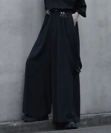 cussil 드레이프 루즈 실루엣 하이웨스트 풀렝스 더블 서스펜더