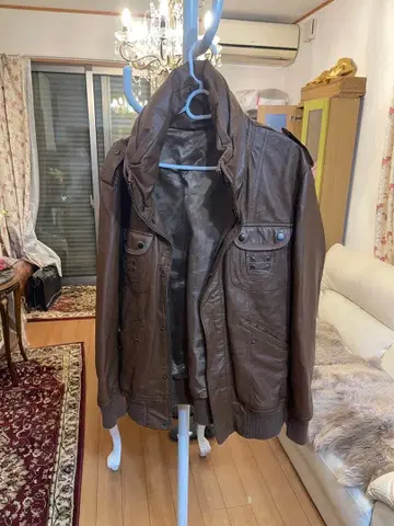 브라운 천연 가죽 자켓 L 사이즈 후드 부착