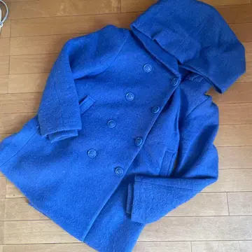 후드 부착 더블 브레스트 울 코트 파랑