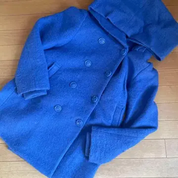 후드 부착 더블 브레스트 울 코트 파랑