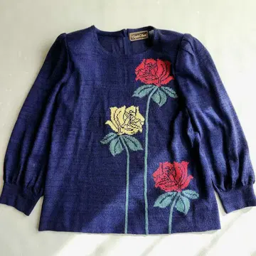 사이토 토요코 장미 뜨개질 스웨터 퍼프 슬리브 퍼플 네이비 꽃무늬