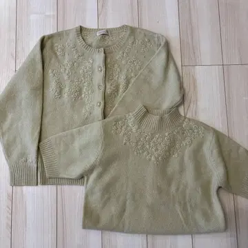 옐로우 그린 꽃무늬 자수 긴팔 가디건 앙상블 쇼와 레트로