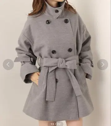 NICE CLAUP 그레이 더블 브레스트 코트 벨트 포함