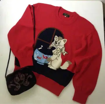 vintage 금붕어와 고양이 자수 니트 새상품급