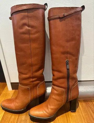 긴자 카네마츠 브라운 가죽 롱 부츠 하이힐