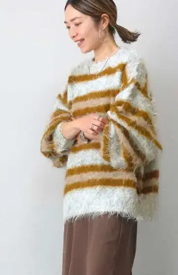 새상품 퍼니 컴퍼니 볼륨 소매 화이트 브라운 스트라이프 니트