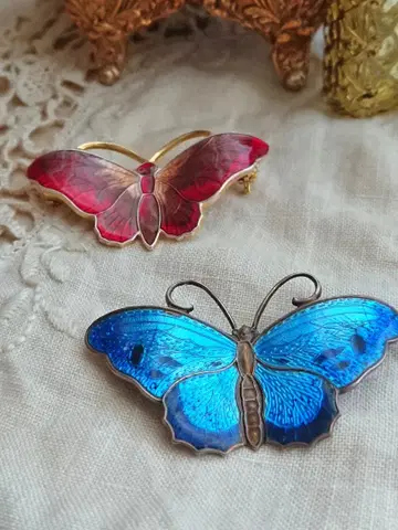 빨간색과 파란색 나비 브로치 세트