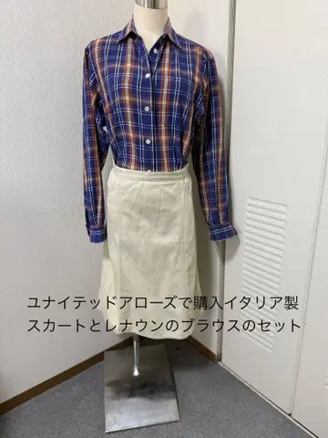 코디 판매 유나이티드 애로우즈 이탈리아제 베이지 스커트 체크 블라우스