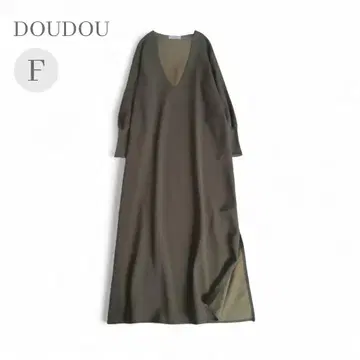 23AW DOUDOU 도두 깊은 V넥 롱 원피스 카키 넉넉한