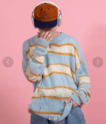 [ Perushu ] 긴팔 니트 LARGE 라이트 블루 보더