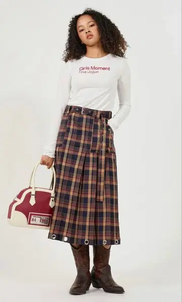 TINA: JOJUN 체크 무늬 미디 기장 플리츠 스커트