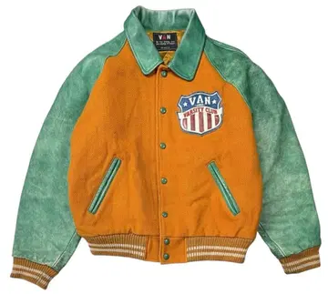 반쟈크 소매 가죽 멜톤 바시티 자켓 오렌지/그린 원사이즈