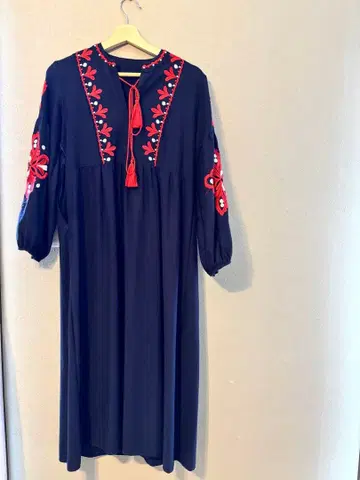 네이비 롱 드레스 플라워 자수