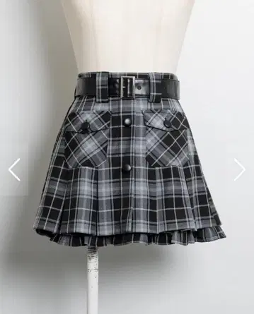 pium 가죽 벨트 체크 플리츠 미니 스커트