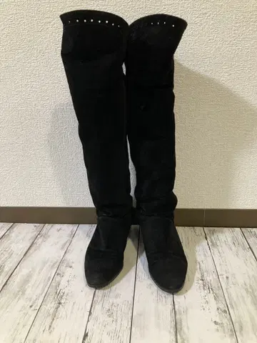 블랙 스웨이드 롱 부츠 스톤 장식
