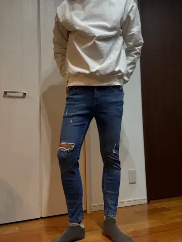 자라 ZARAMAN 스트레치 스키니 데님 데미지 허리 평평하게 놓음 36