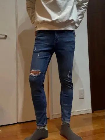 자라 ZARAMAN 스트레치 스키니 데님 데미지 허리 평평하게 놓음 36