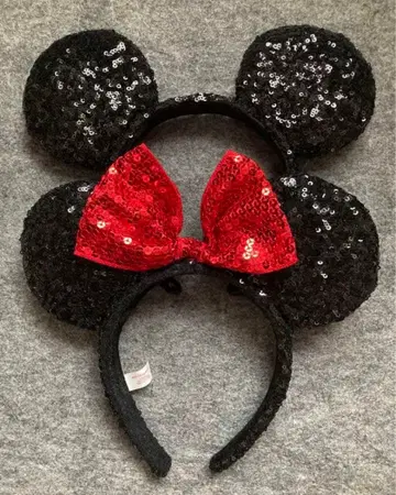 디즈니 머리띠 스팽글 리본 빨간색 블랙 미키 미니 페어