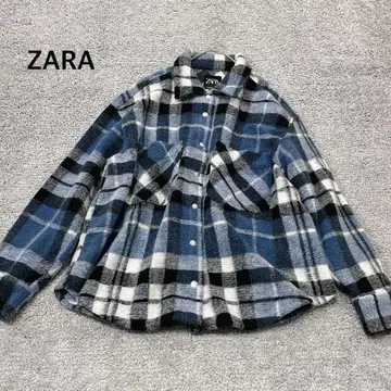 [ ZARA ] 체크 무늬 오버 셔츠 자켓 블루 울 혼방 두꺼운 원단