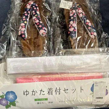 유카타 기모노 착용법 세트 꽃무늬 일본 나막신 2켤레 세트