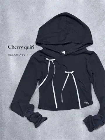 [ 미사용 새상품 ] 체리큐리 리본 긴팔 후드티 블랙 롱T 맨투맨